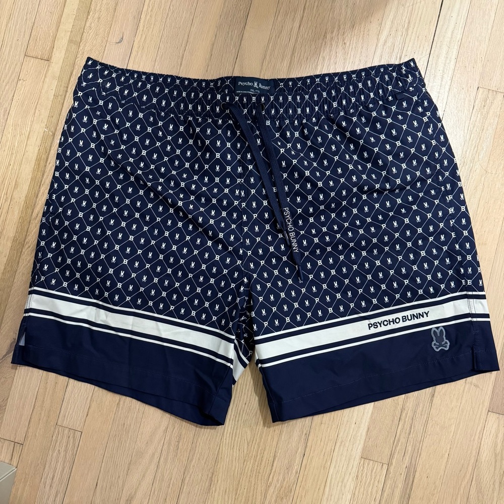 Psycho Bunny Navy Blue & White Patterned Swim Trunks